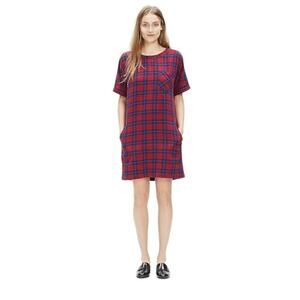 Madewell Red Blue Edina Plaid Short Sleeve Round Neck Mini Shirt Dress Size XS